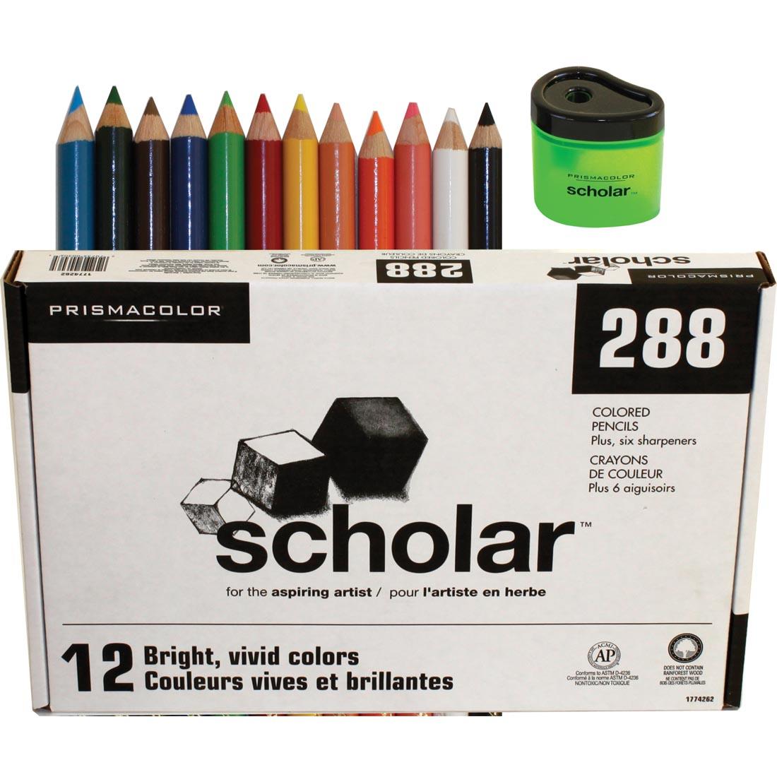Prismacolor Scholar Colored Pencils 288-Count Set Box shown with the 12 colors of pencils and a pencil sharpener