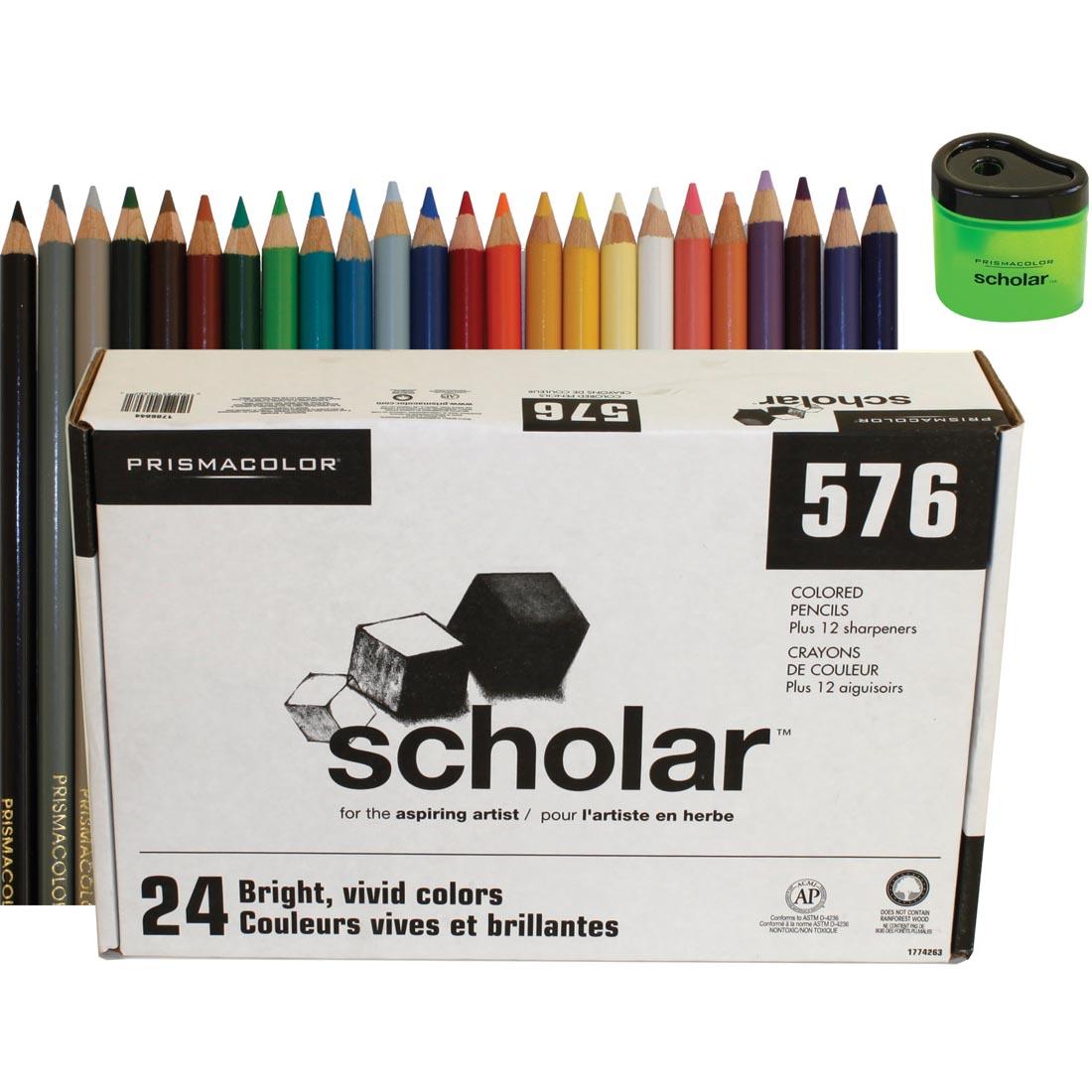 Prismacolor Scholar Colored Pencils 576-Count Set Box shown with the 24 colors of pencils and a pencil sharpener
