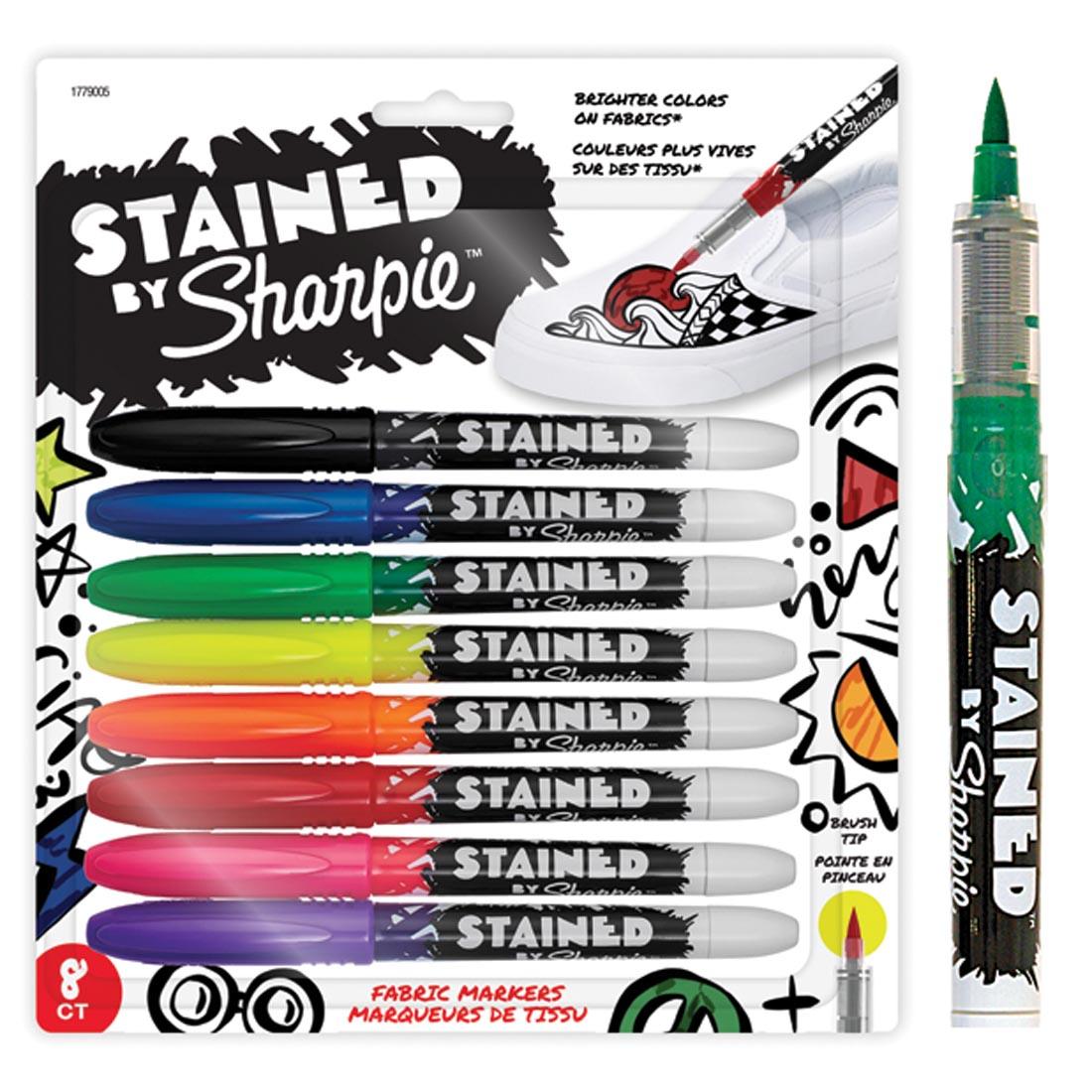 Stained By Sharpie Brush Tip Fabric Markers, with one marker outside the package