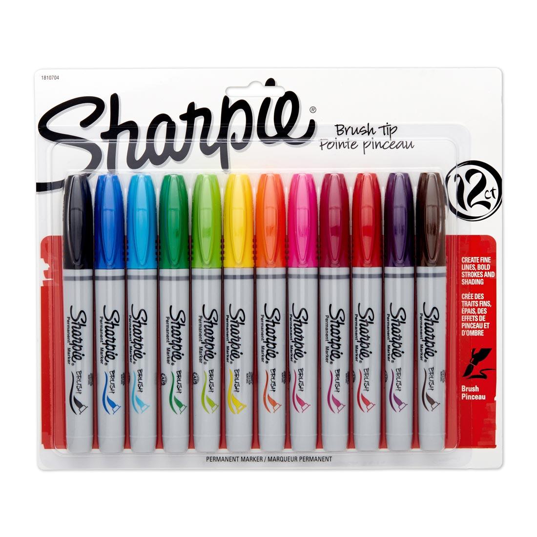 Sharpie Brush Tip Permanent Marker 12-Color Set shown in package with an uncapped black brush marker above it