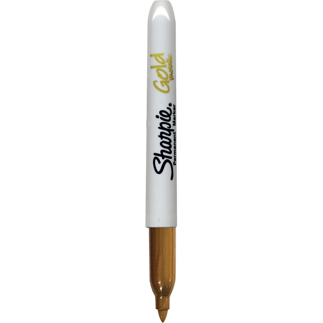 An uncapped Fine Point Metallic Gold Sharpie Permanent Marker