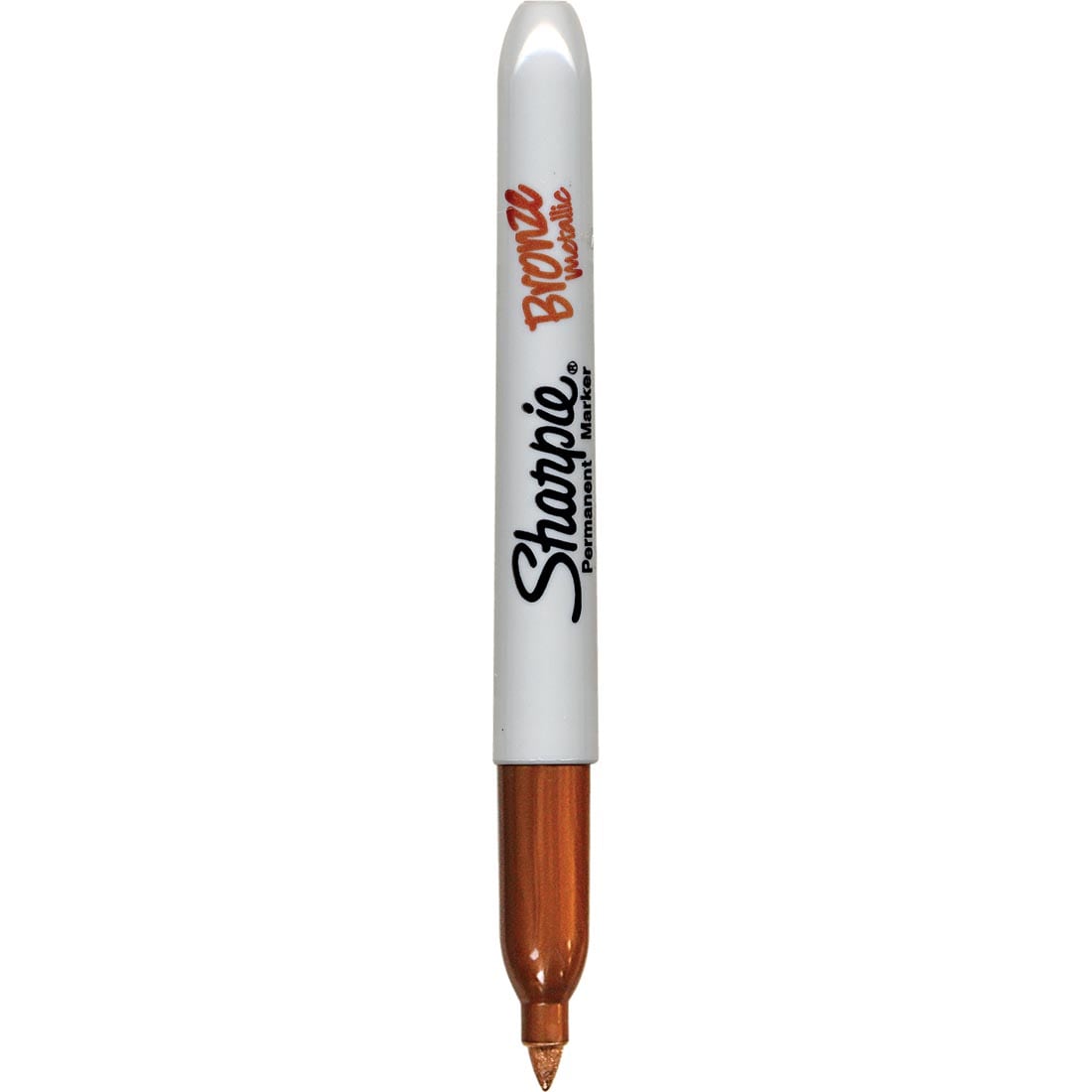 An uncapped Fine Point Metallic Bronze Sharpie Permanent Marker