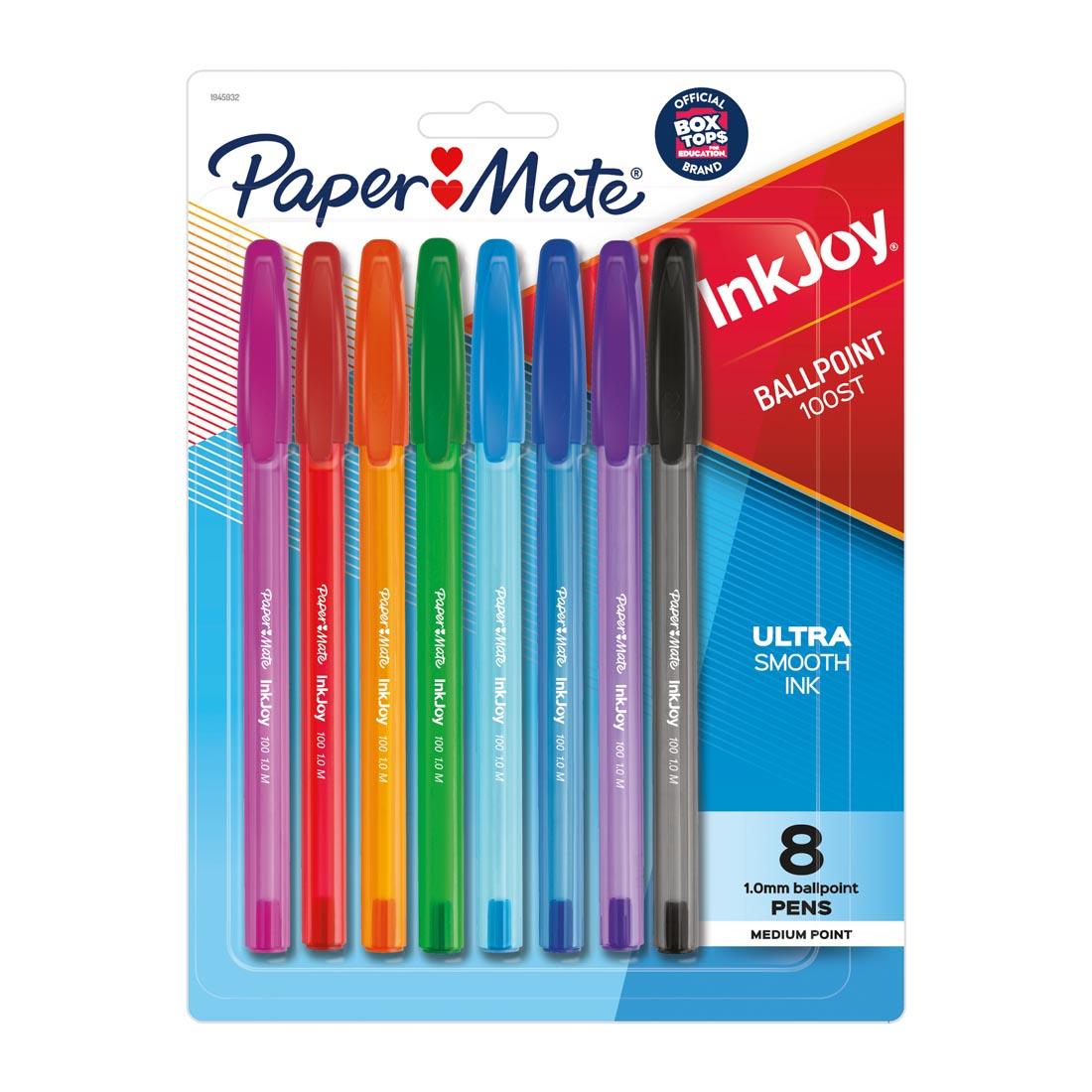 Eight Colorful Paper Mate Inkjoy Series 100 Pens shown in packaging