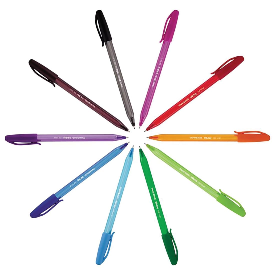 10 colors of Paper Mate InkJoy Series 100 Pens with their caps on the opposite ends; arranged in a circle
