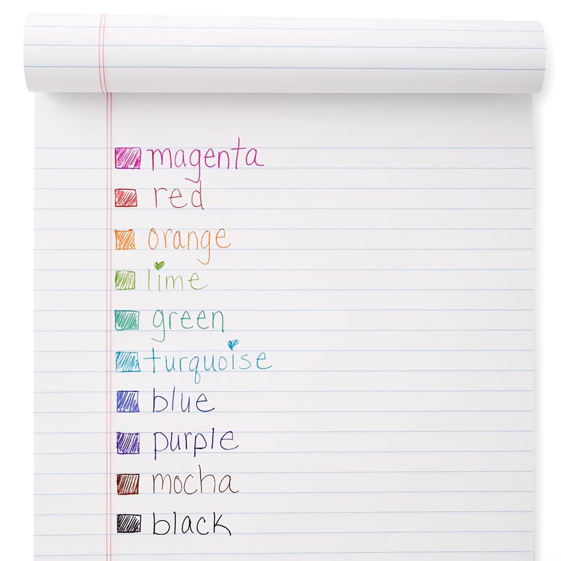notebook paper with 10 color names written in the ink colors of Paper Mate InkJoy Series 100 Pens