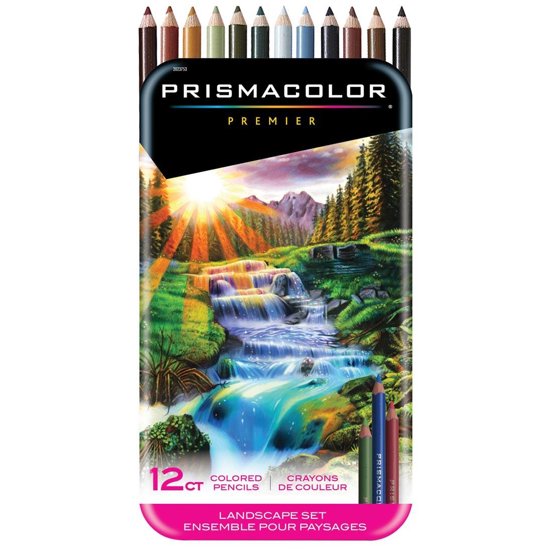 Prismacolor Premier Colored Pencils 12-Count Landscape Set with pencil points showing at the top of the tin