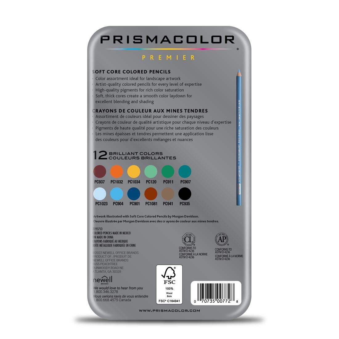 Back of package of Prismacolor Premier Colored Pencils 12-Count Landscape Set