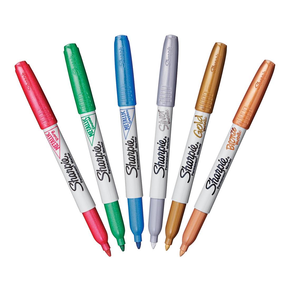 6 colors of Sharpie Metallic Permanent Markers with their caps off