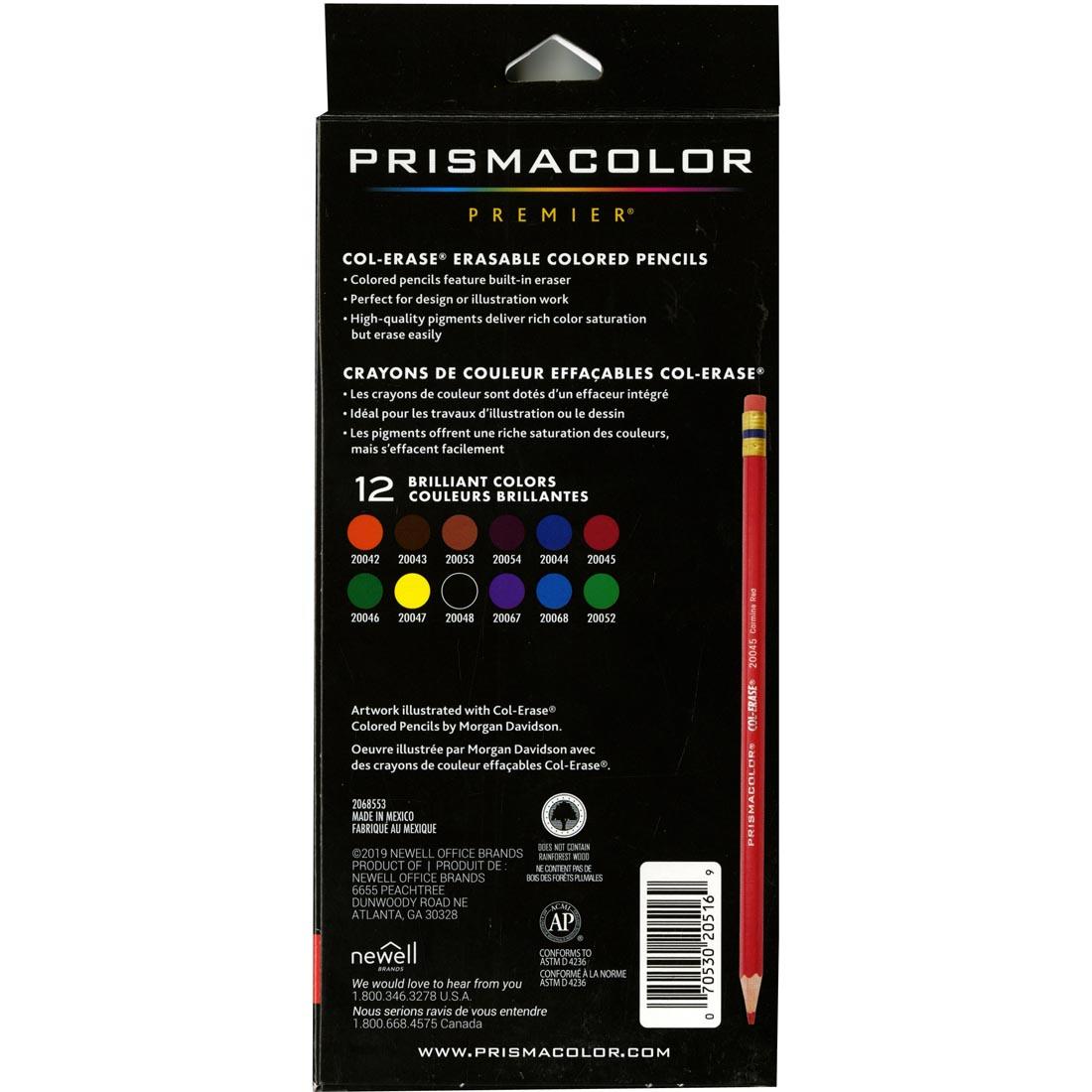 Back of package of Prismacolor Col-Erase Erasable Colored Pencils