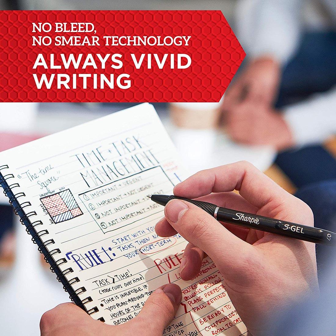Hands holding a notebook and a Sharpie S-Gel Pen with the text No Bleed, No Smear Technology Always Vivid Writing