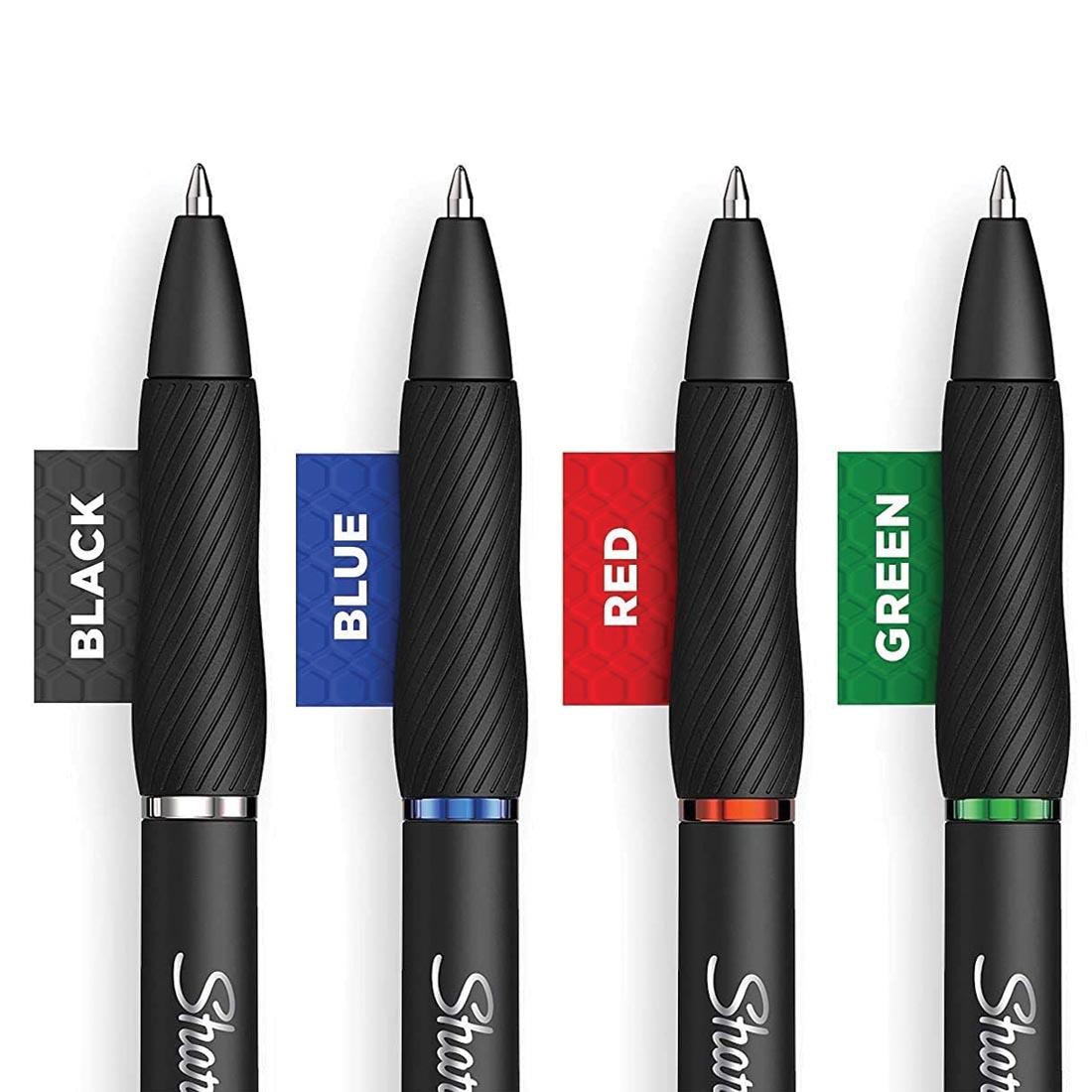 The tips of four Sharpie S-Gel pens with their colors written next to them: black, blue, red, green