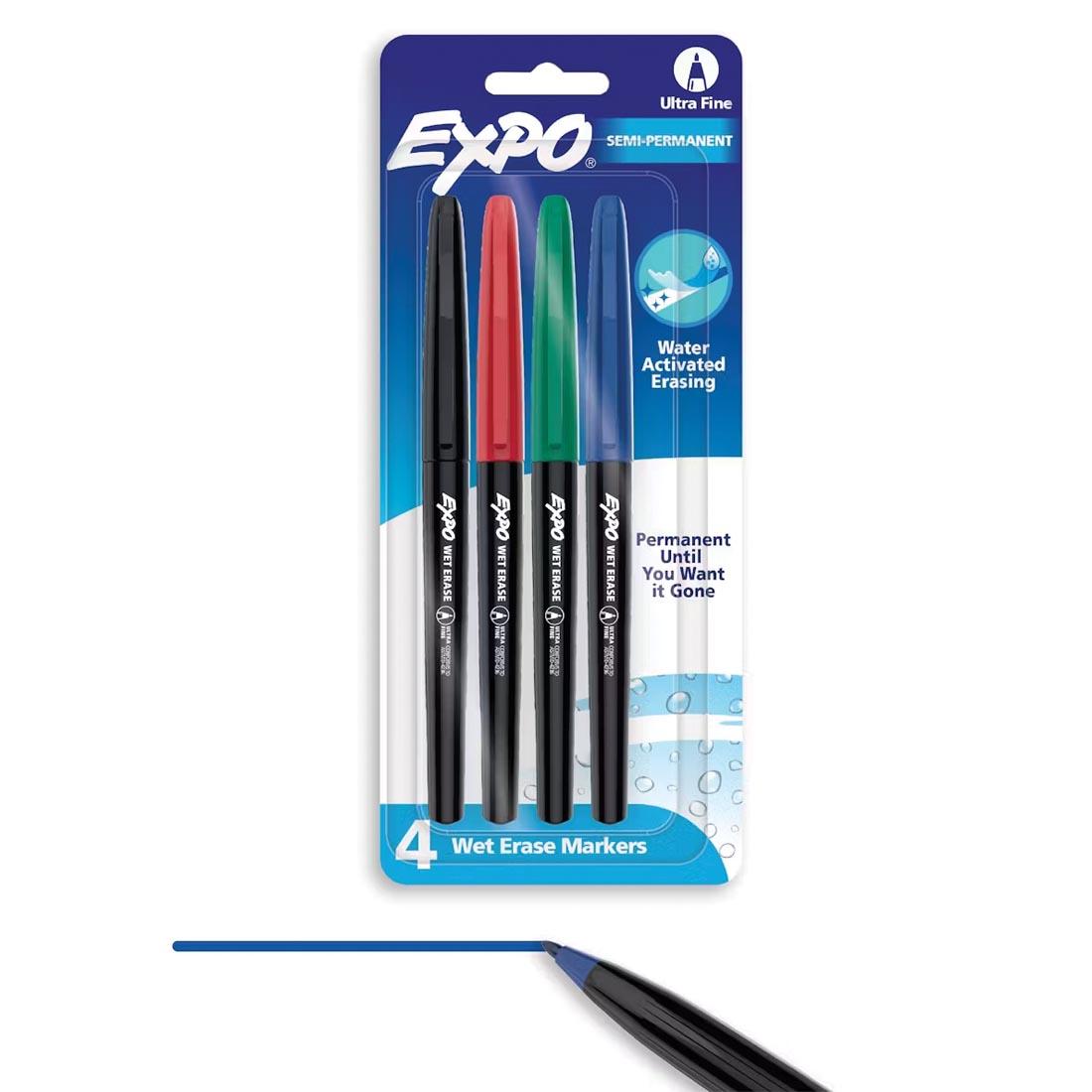 package of Expo Wet-Erase Markers Ultra Fine 4-Color Set with a blue marker creating a line beneath