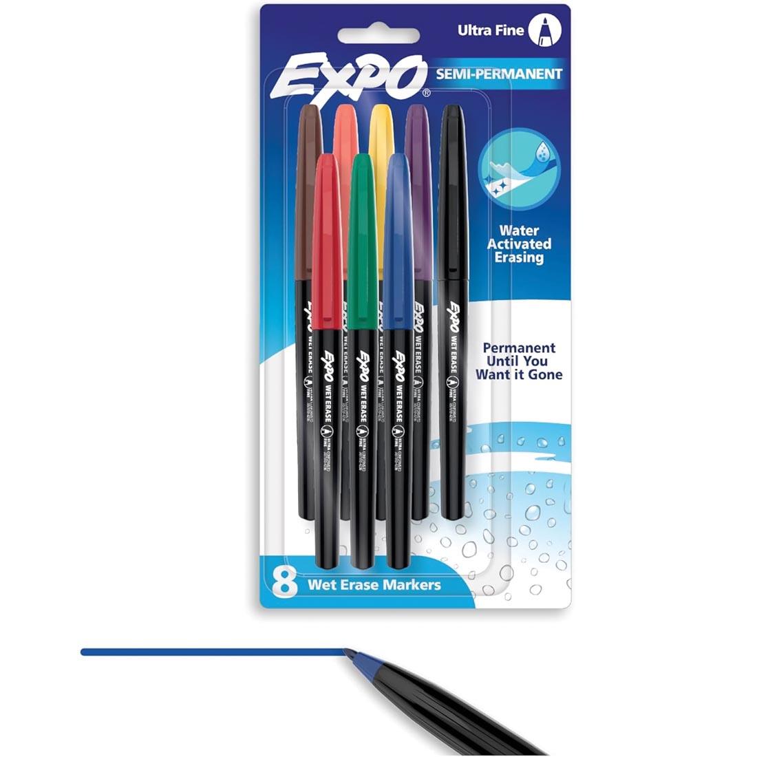 Expo Wet-Erase Markers Ultra Fine 8-Color Set with a blue marker creating a line underneath