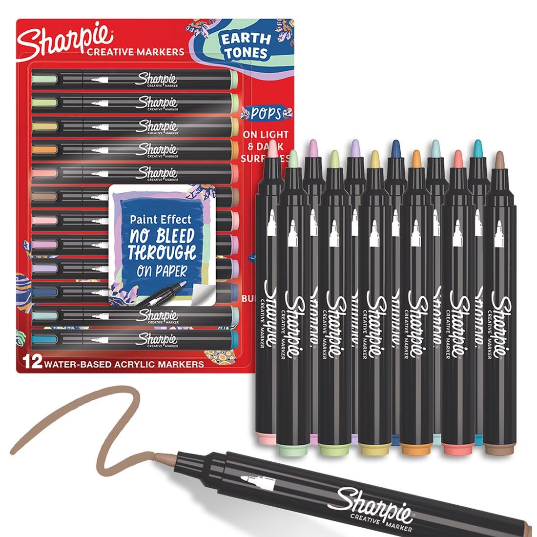 package for Sharpie Creative Bullet Tip Markers 12-Color Earth Tones Set plus 13 markers with caps off, one drawing a line