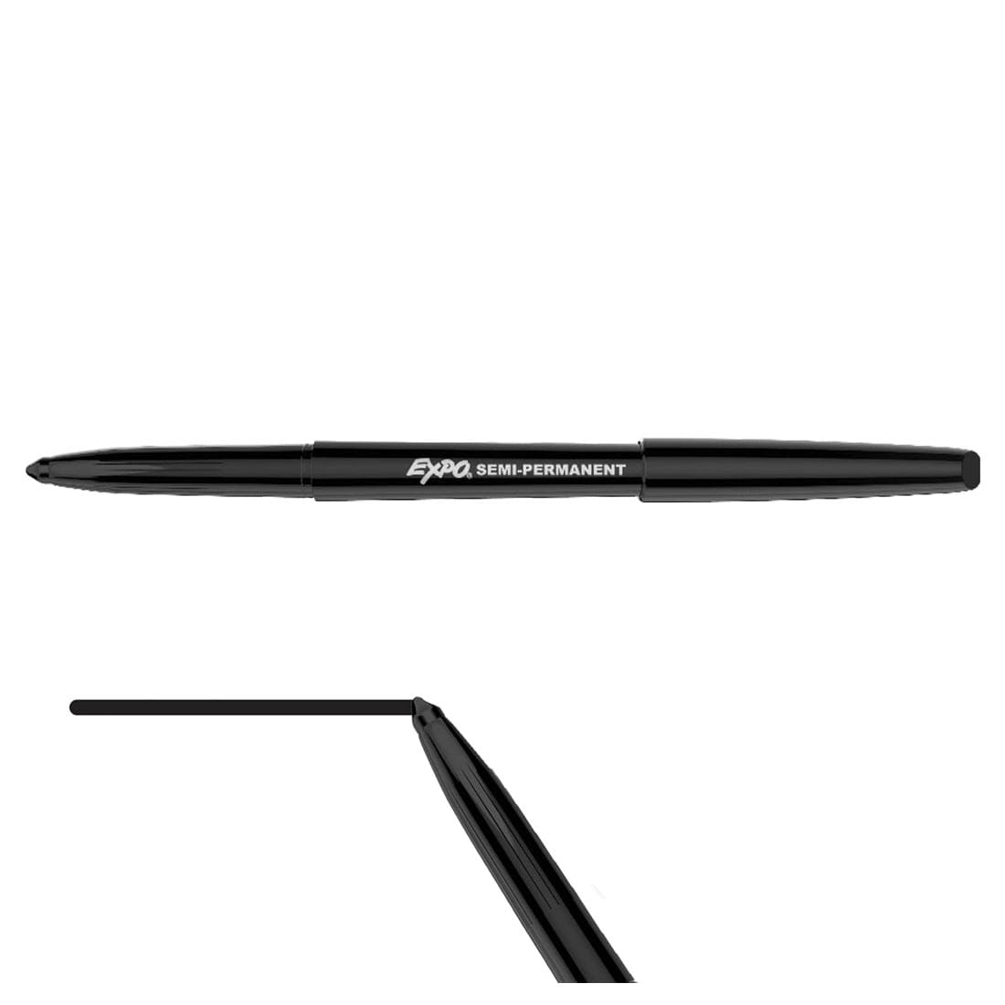 a Fine Black Expo Wet-Erase Marker with cap on opposite end, plus another one creating a line underneath