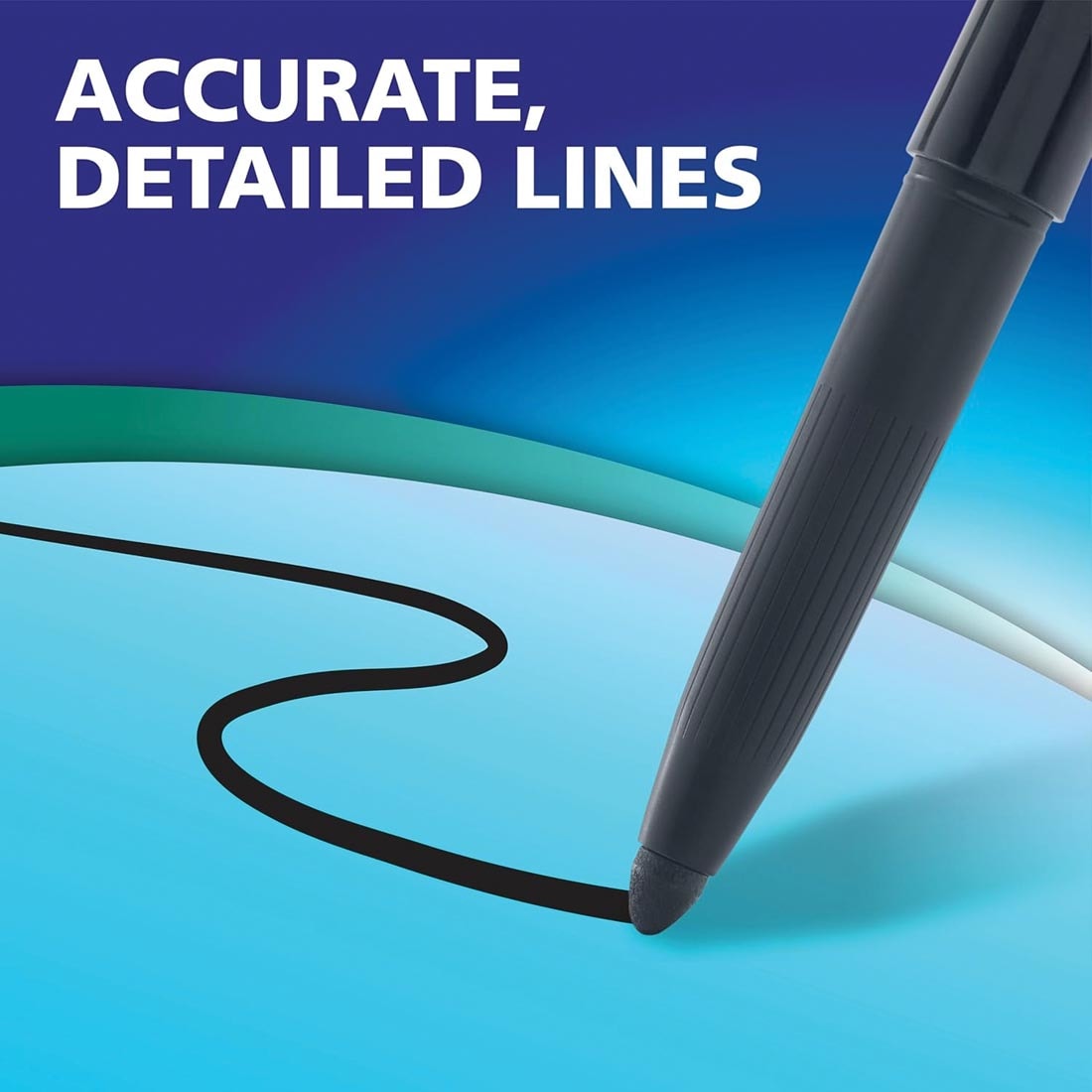a black Expo Wet-Erase Marker drawing a line plus text: Accurate, detailed lines