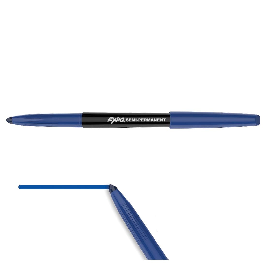 a Blue Fine Expo Wet-Erase Marker with cap on opposite end plus another one drawing a line underneath