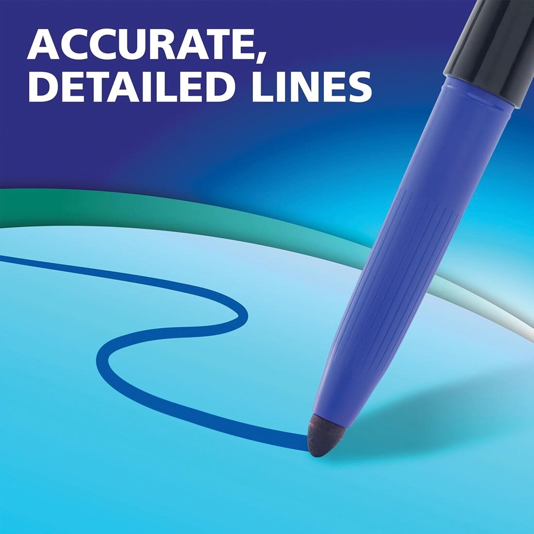 a blue Expo Wet-Erase Marker drawing a line plus text: Accurate, detailed lines