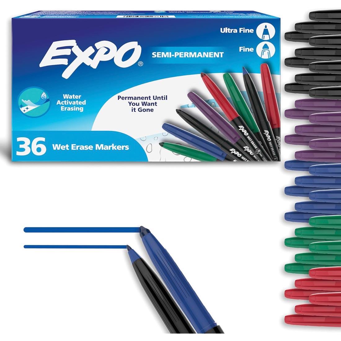 Expo Wet-Erase Markers 36-Count Combo Pack plus marker caps in 5 colors along the side and a fine and an ultra fine blue marker drawing lines below