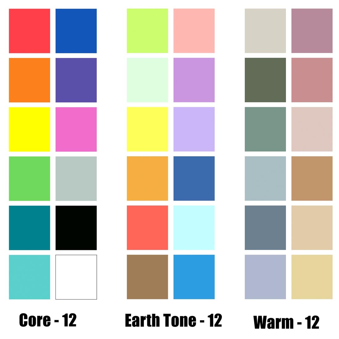 color swatches for Sharpie Creative Brush Tip Markers 36-Color Set plus text Core - 12; Earth Tone - 12; Warm - 12