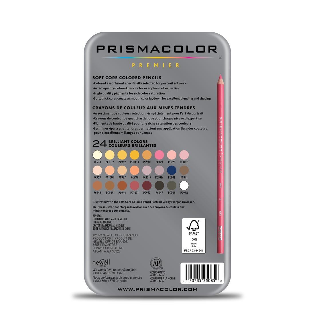 Back of package of Prismacolor Premier Colored Pencils 24-Color Portrait Set