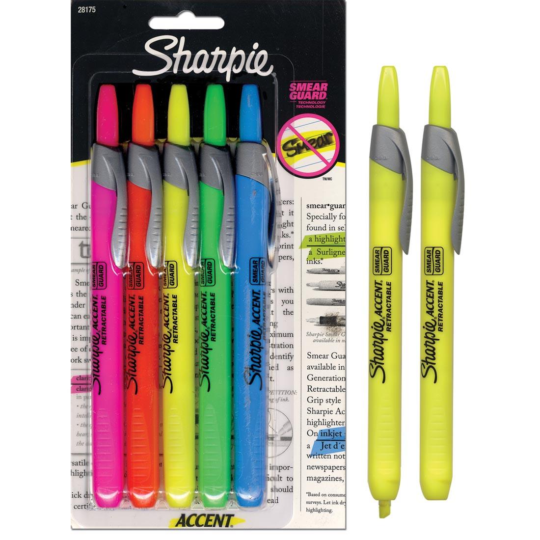 Package of Sharpie Accent Retractable Highlighters 5-Color Micro-Chisel Tip Set beside 2 yellow highlighters, one shown with the nib out and one with the nib retracted