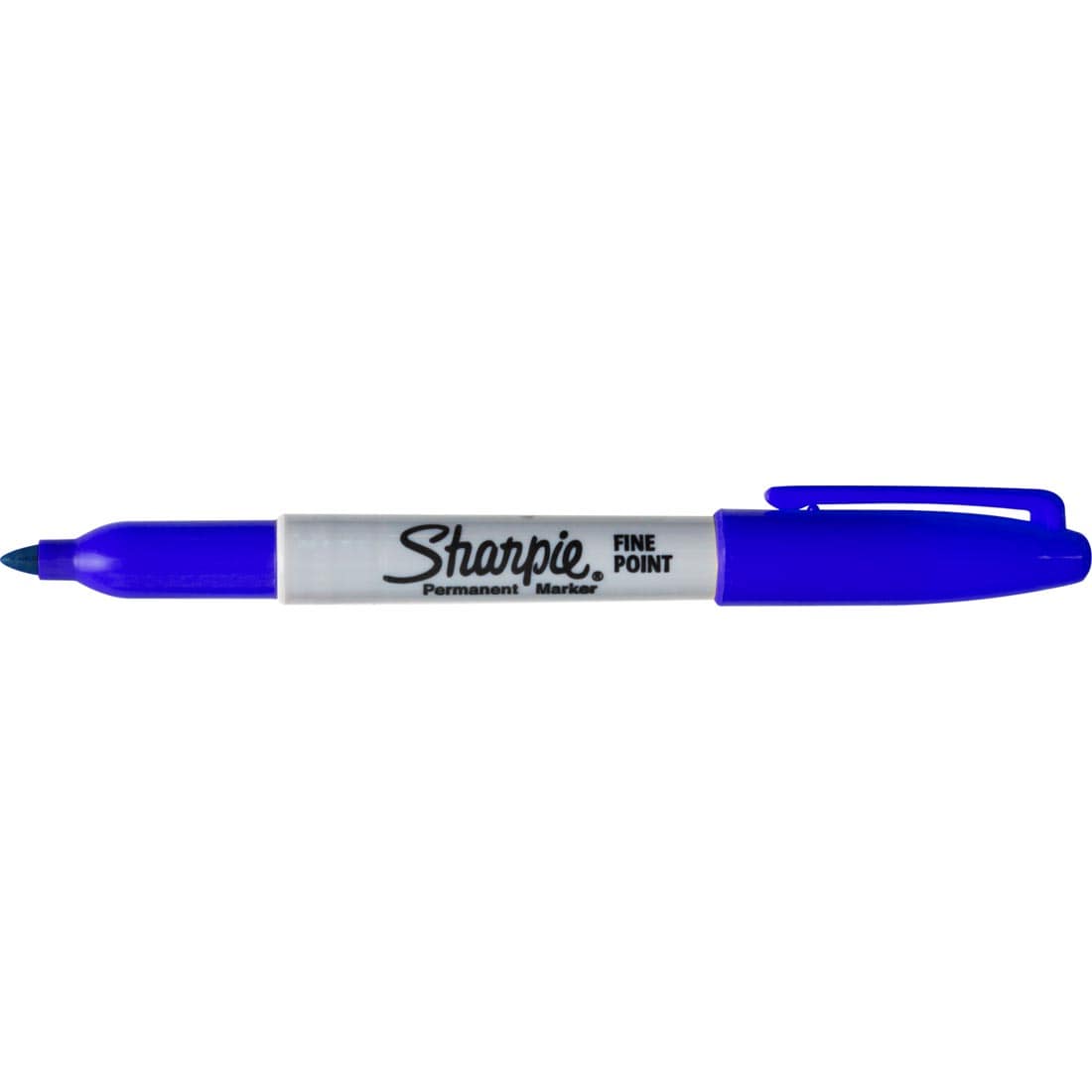 Blue Fine Point Sharpie Permanent Marker with the cap on the opposite end