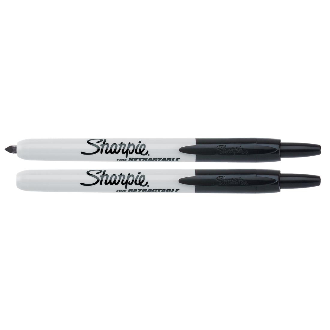 2 Black Sharpie Retractable Fine Point Permanent Markers, one with tip out and one with it retracted