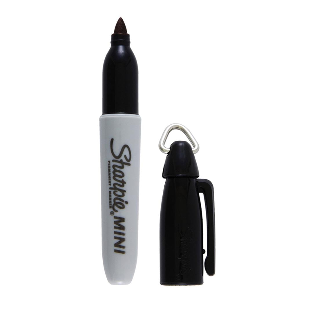 Black Mini Sharpie Fine Point Permanent Marker with its cap beside it