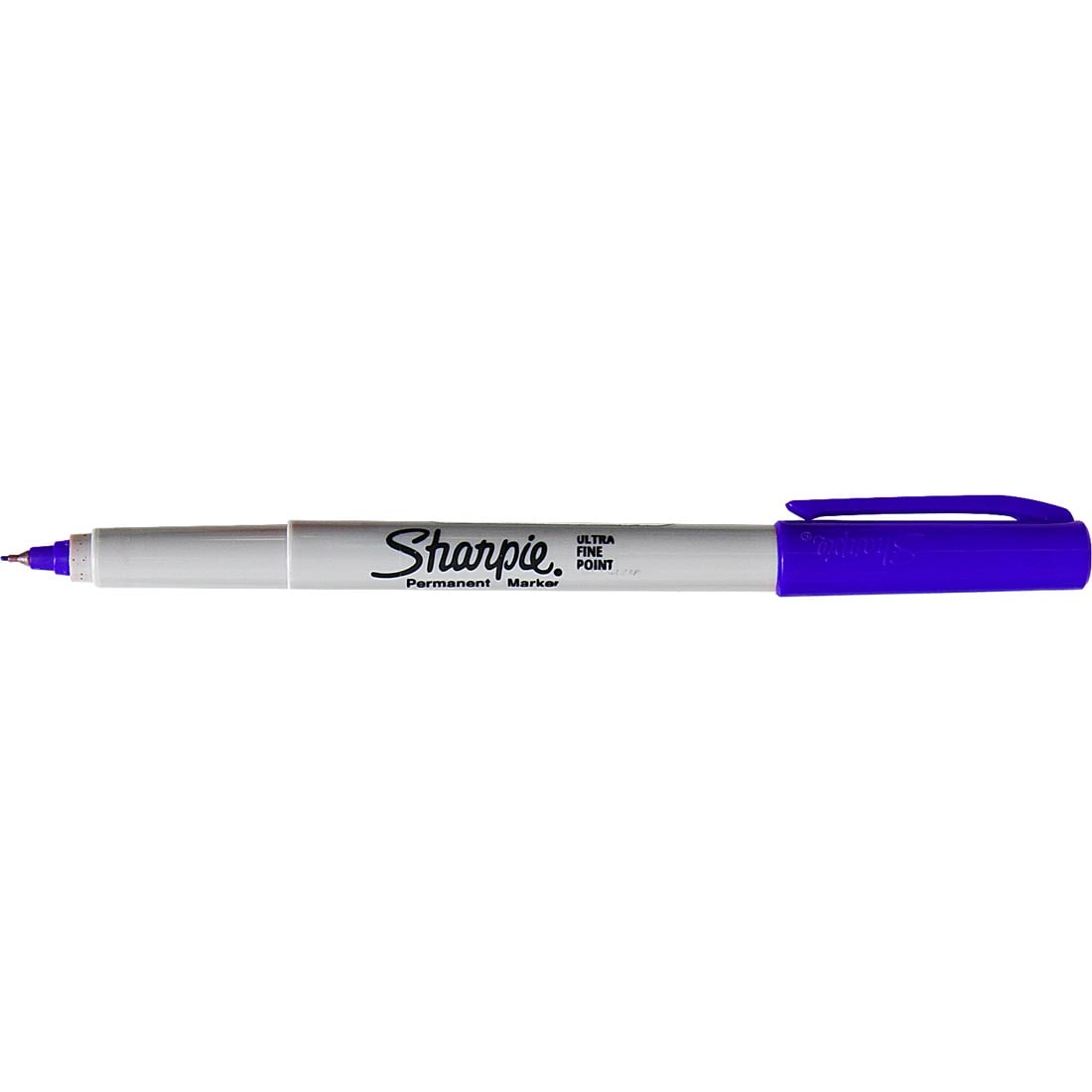 Blue Sharpie Ultra Fine Point Permanent Marker with its cap on the opposite end