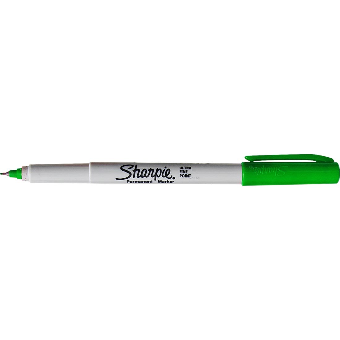 Green Sharpie Ultra Fine Point Permanent Marker with its cap on the opposite end