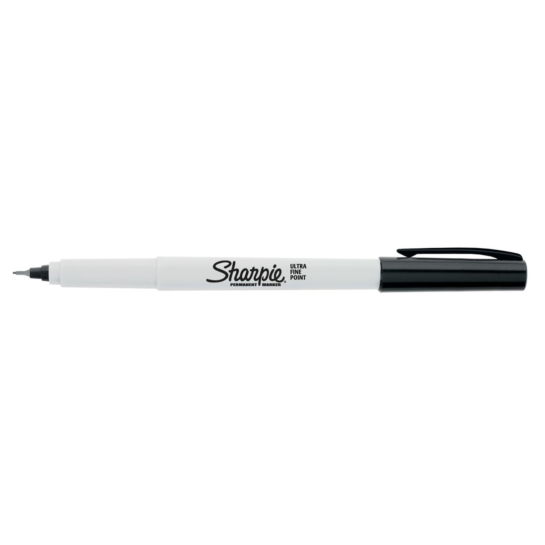 Black Sharpie Ultra Fine Point Permanent Marker with its cap on the opposite end