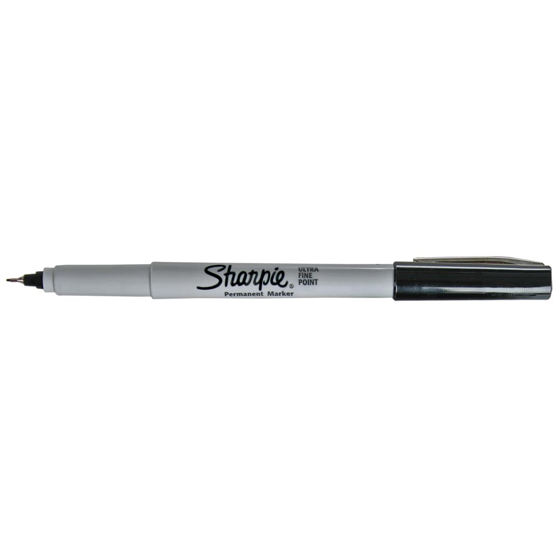 Black Sharpie Ultra Fine Point Permanent Marker with its cap on the opposite end