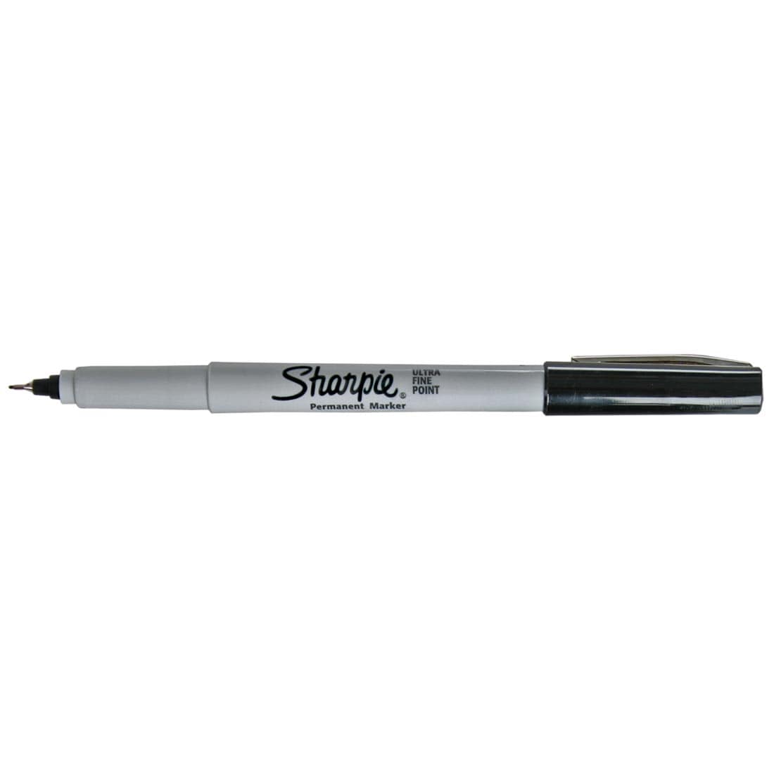 Black Sharpie Ultra Fine Point Permanent Marker with its cap on the opposite end