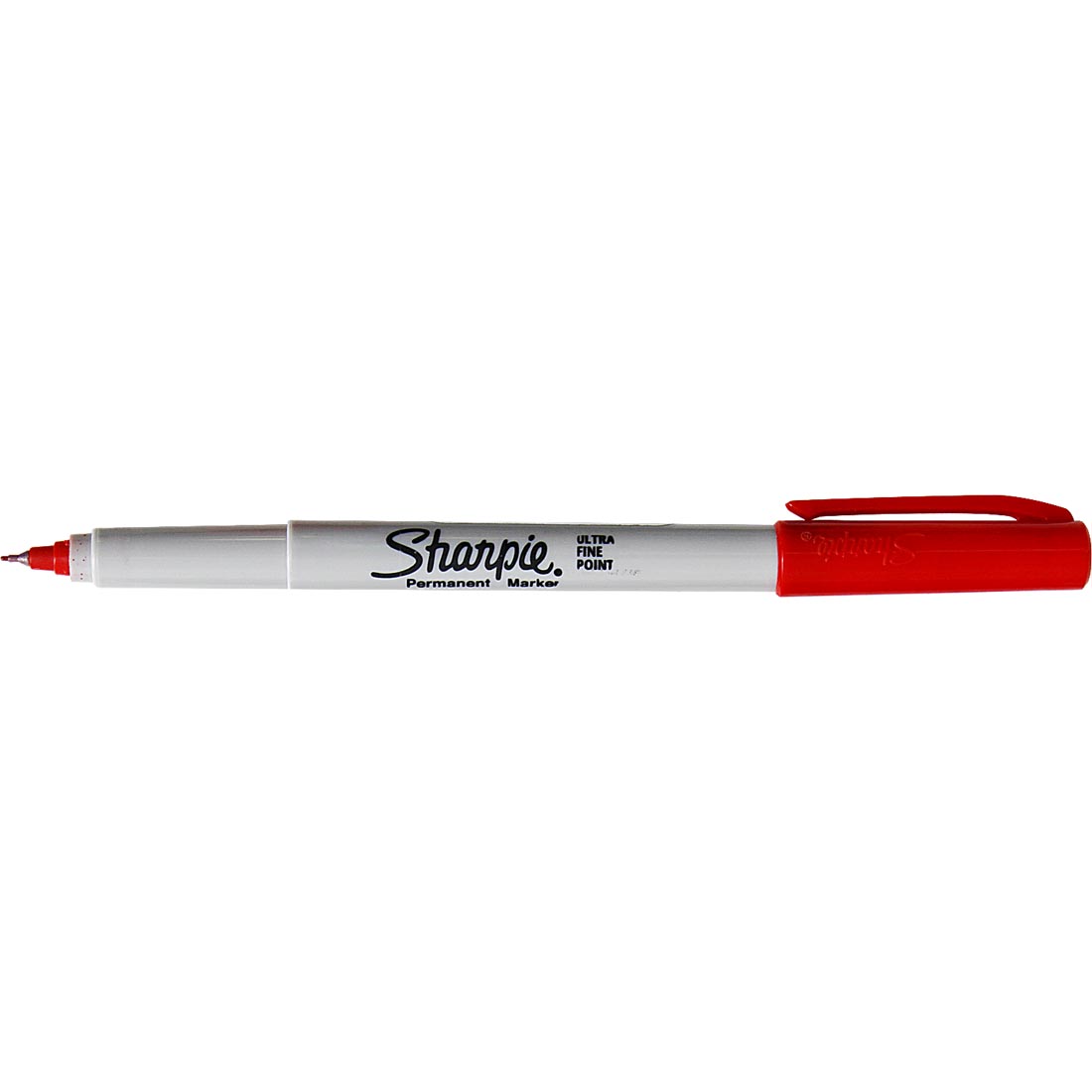 Red Sharpie Ultra Fine Point Permanent Marker with its cap on the opposite end