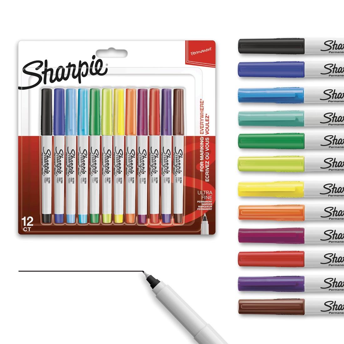 Sharpie Ultra Fine Point Permanent Markers 12-Color Set in package, plus the tops of markers along the side and a black marker drawing a line below