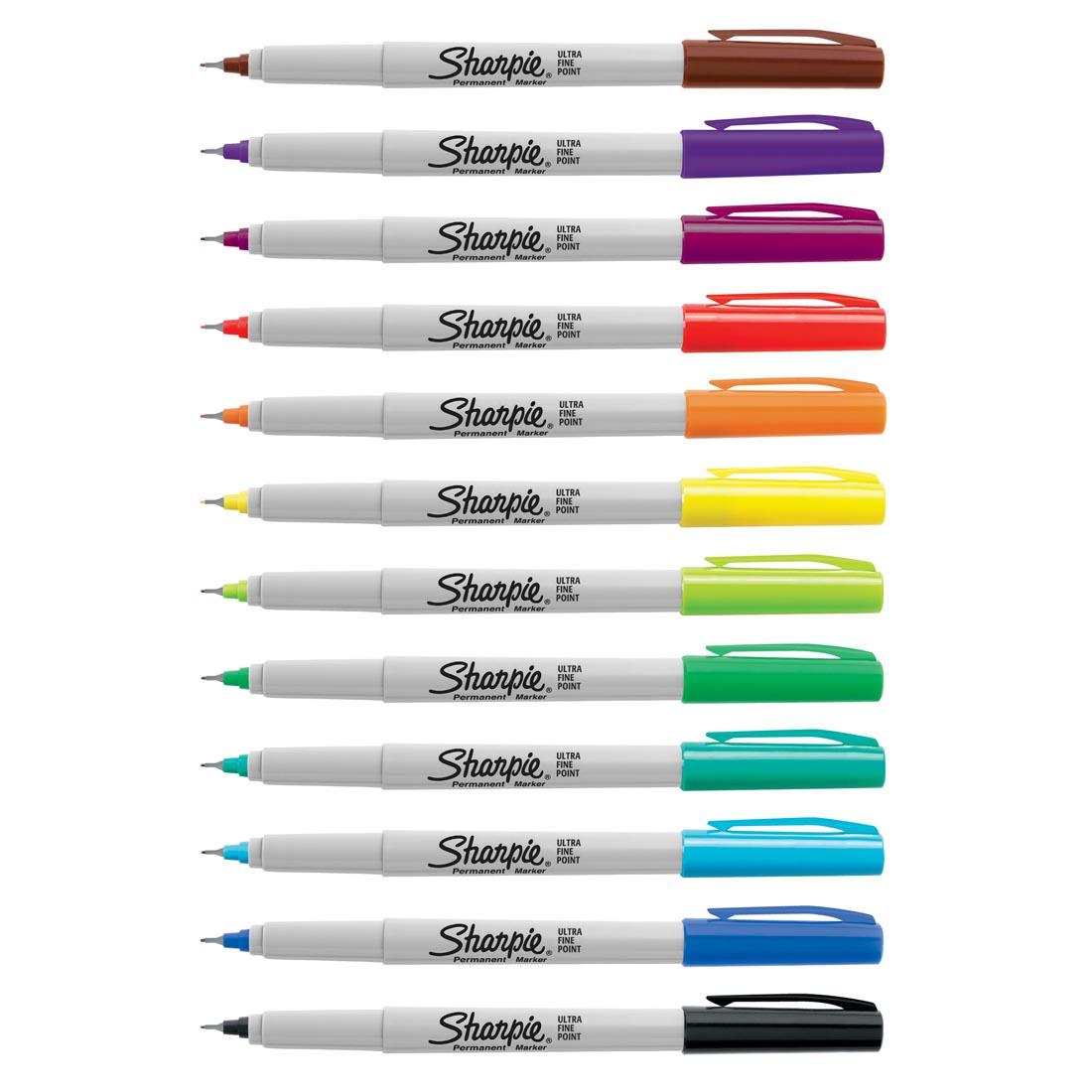 12 colors of Sharpie Ultra Fine Point Permanent Markers with their caps on opposite end
