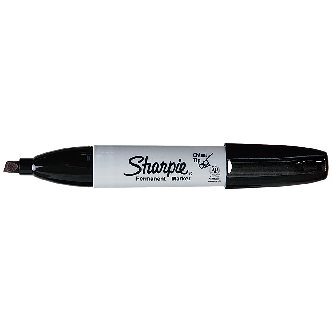 Black Sharpie Chisel Tip Permanent Marker with its cap on the opposite end
