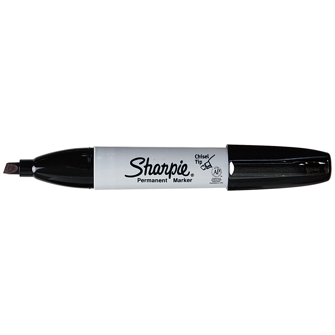 Black Sharpie Chisel Tip Permanent Marker with its cap on the opposite end