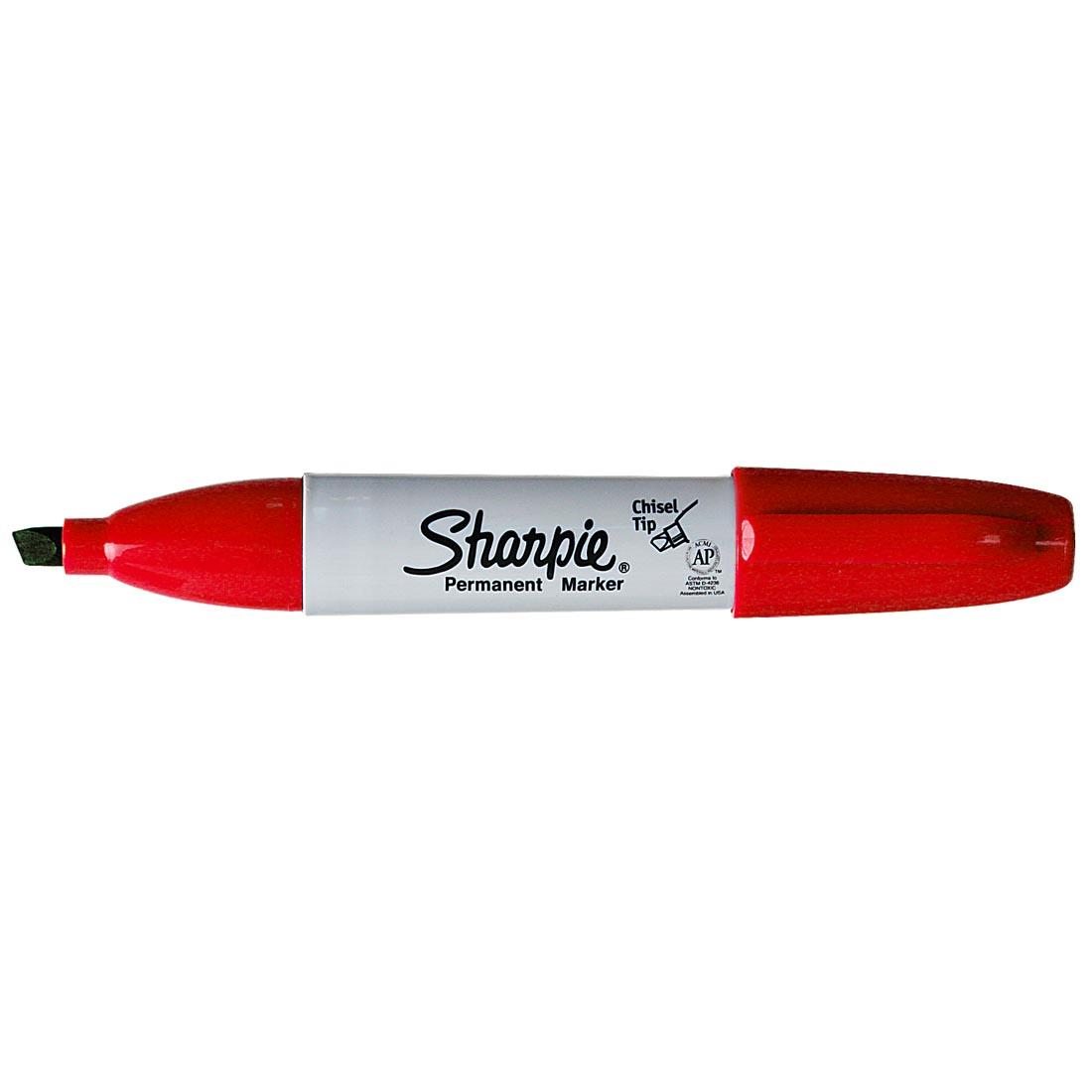 Red Sharpie Chisel Tip Permanent Marker with its cap on the opposite end