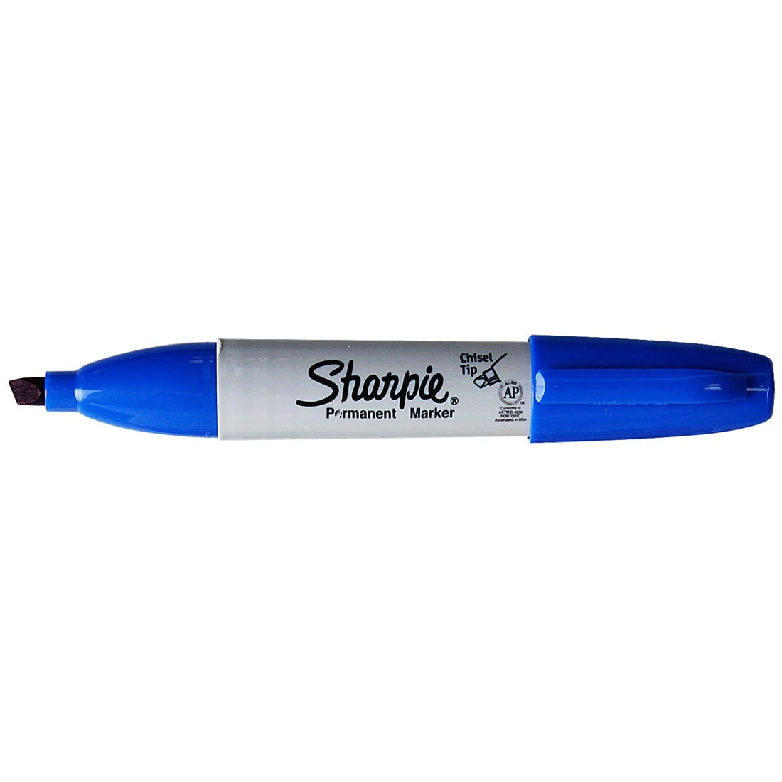 Blue Sharpie Chisel Tip Permanent Marker with its cap on the opposite end