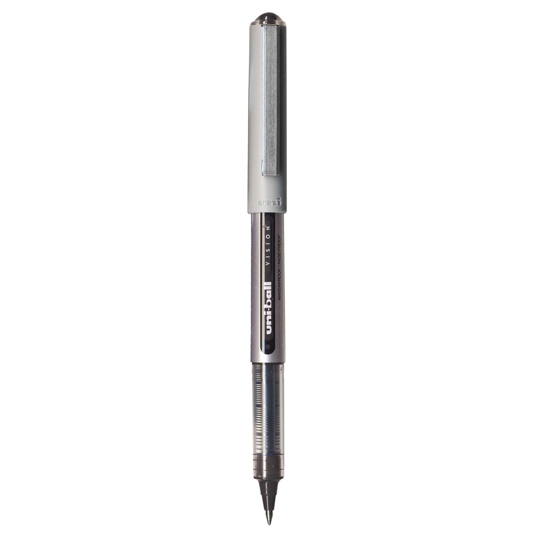 Black Uni-ball Vision Micro Tip Rollerball Pen with cap on opposite end