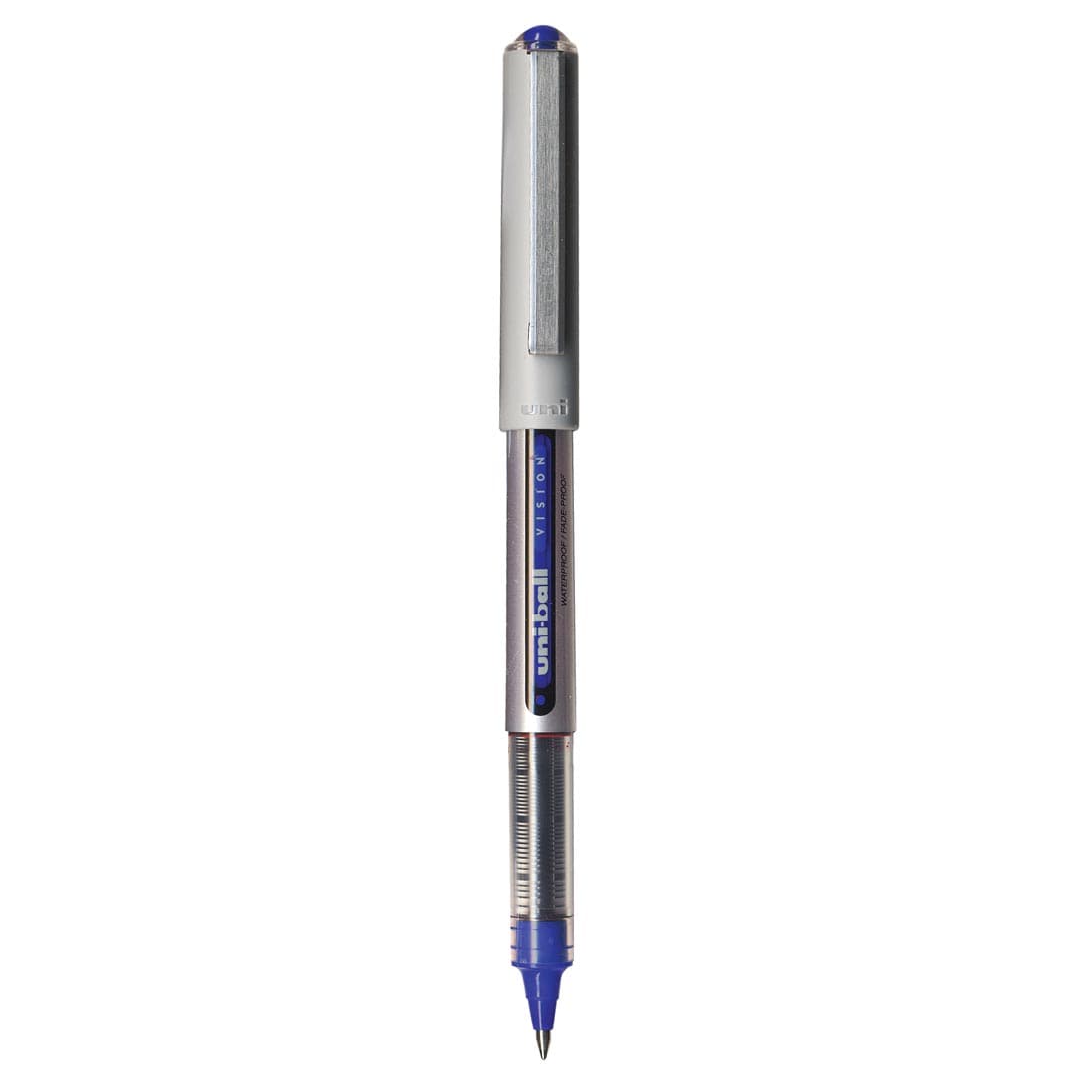 Blue Uni-ball Vision Micro Tip Rollerball Pen with cap on opposite end