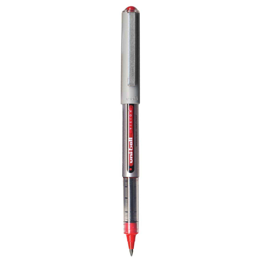 Red Uni-ball Vision Micro Tip Rollerball Pen with cap on opposite end