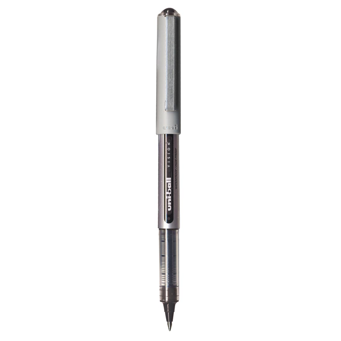 Black Uni-ball Vision Fine Tip Rollerball Pen with cap on opposite end