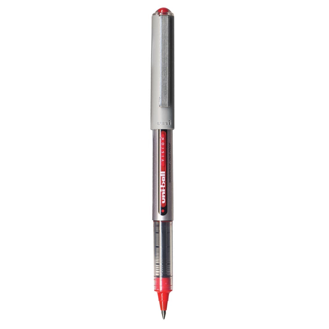 Red Uni-ball Vision Fine Tip Rollerball Pen with cap on opposite end