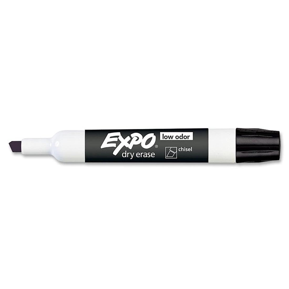 Black Expo Low Odor Chisel Tip Dry Erase Marker with its cap on the opposite end