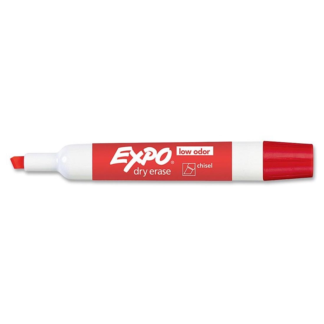 Red Expo Low Odor Chisel Tip Dry Erase Marker with its cap on the opposite end
