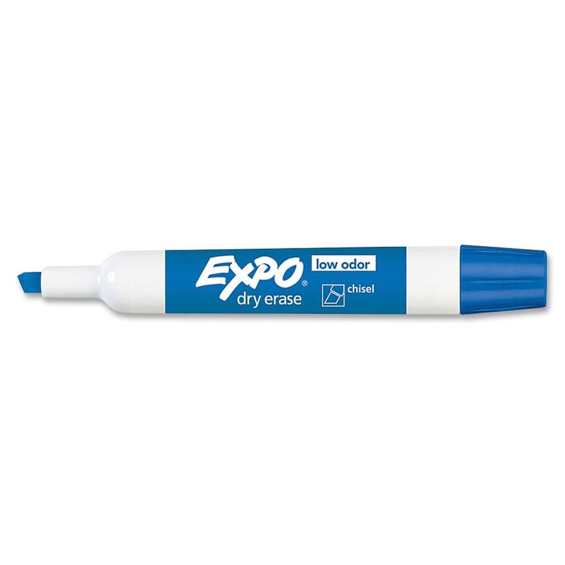 Blue Expo Low Odor Chisel Tip Dry Erase Marker with its cap on the opposite end