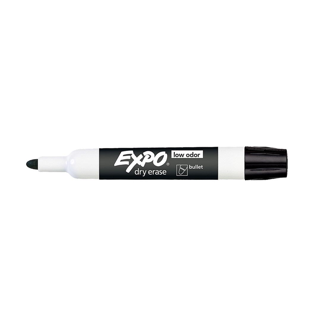 Black Expo Low Odor Bullet Tip Dry Erase Marker with its cap on the opposite end